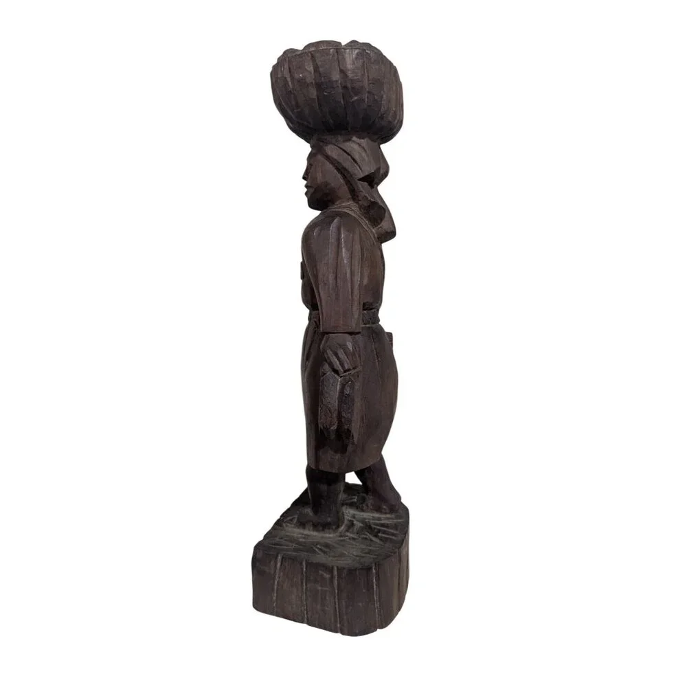Vintage 1960s Hand Carved‎ Gum Wood Statue Market Woman Basket Head Folk Art